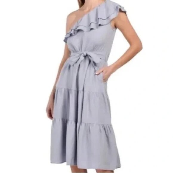 Nicole Miller Dresses & Skirts - NWT Nicole Miller Linen Blend One Shoulder Ruffle Chambray Midi Dress Size XS